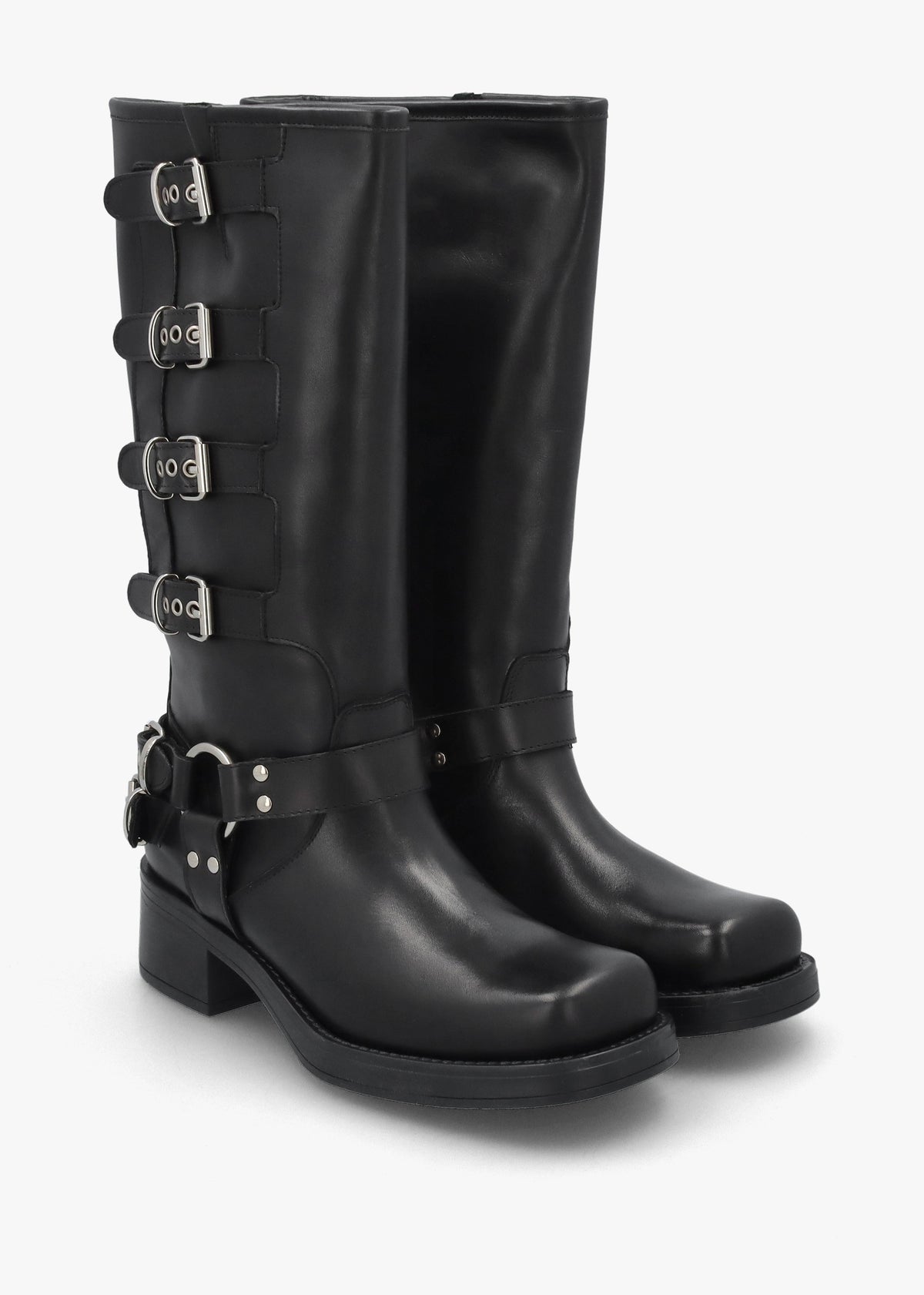 Black Leather Multi Buckle Biker Knee Boots