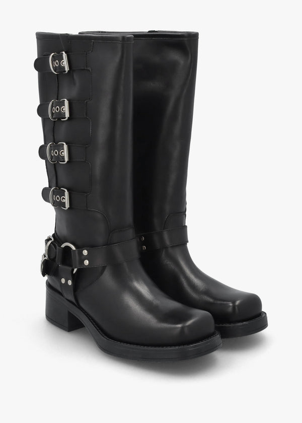 Black Leather Multi Buckle Biker Knee Boots