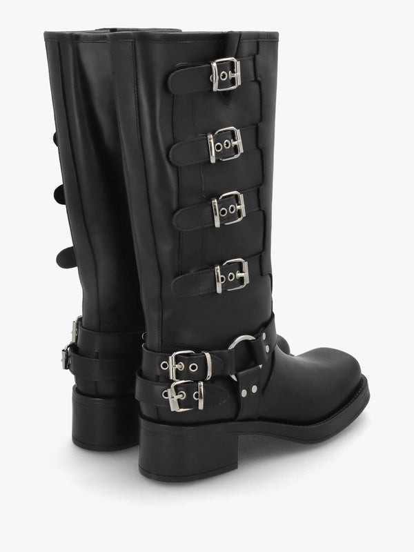 Black Leather Multi Buckle Biker Knee Boots