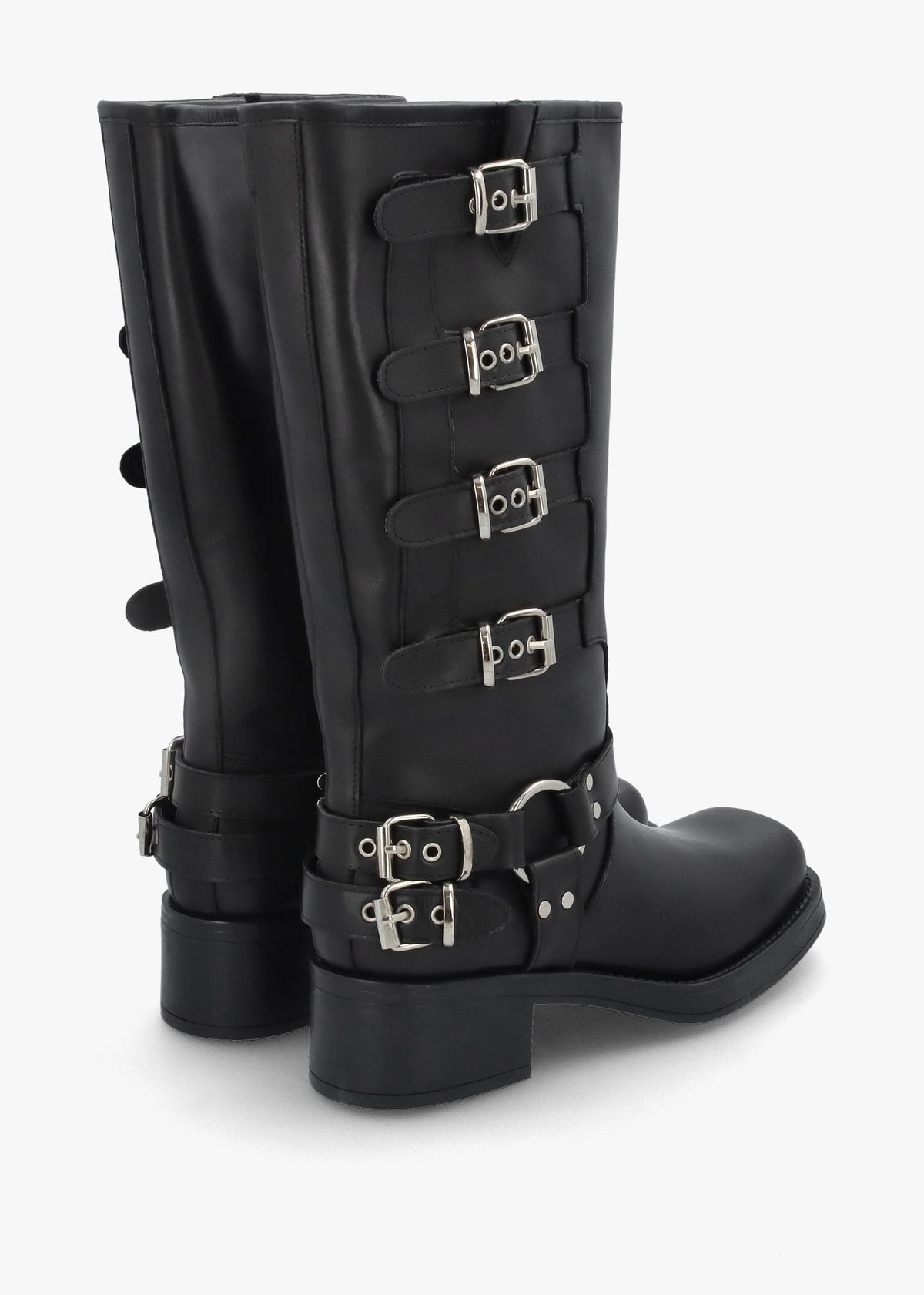 Black Leather Multi Buckle Biker Knee Boots