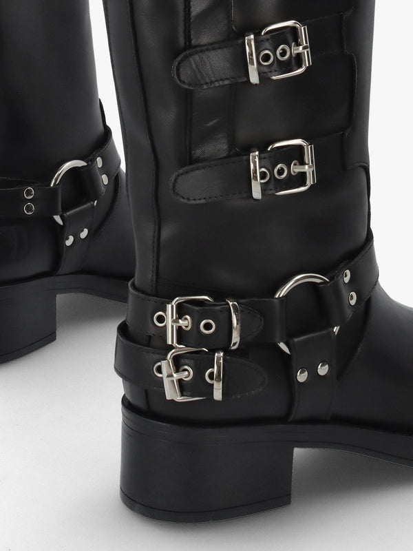Black Leather Multi Buckle Biker Knee Boots