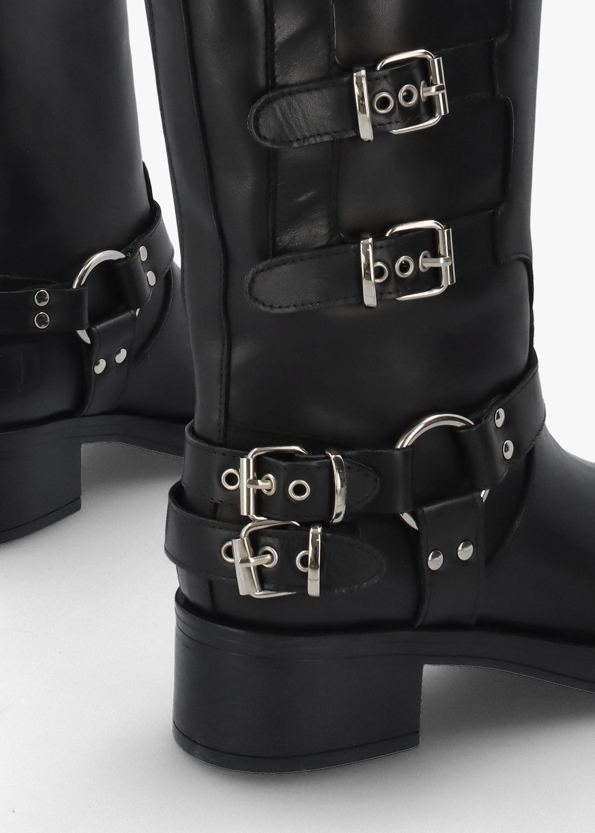 Black Leather Multi Buckle Biker Knee Boots