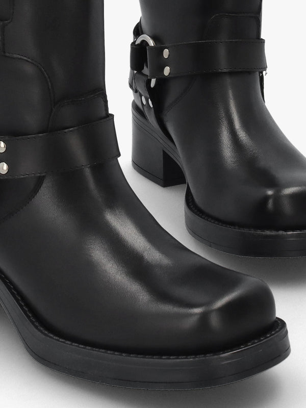 Black Leather Multi Buckle Biker Knee Boots