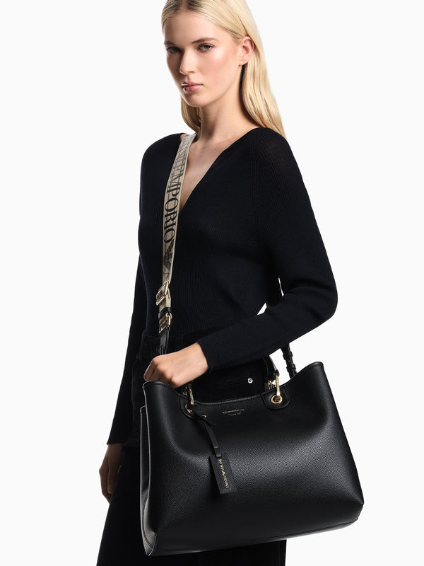Black Pebbled Shopper With Pouch