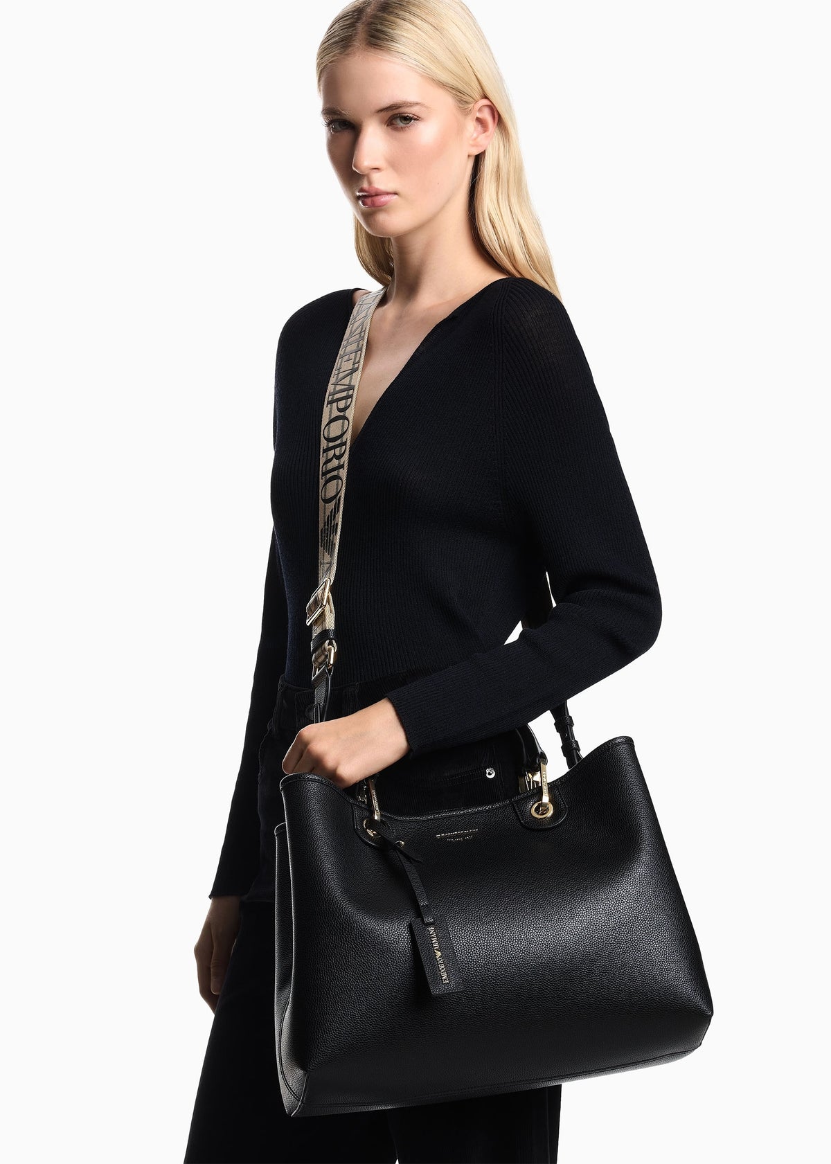 Black Pebbled Shopper With Pouch