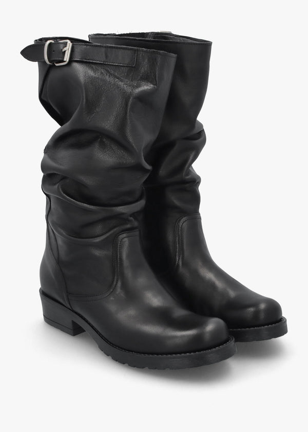 Black Leather Slouchy Calf Boots