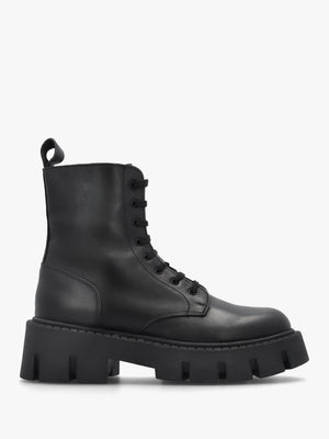 Black Leather Oversized Cleated Sole Ankle Boots