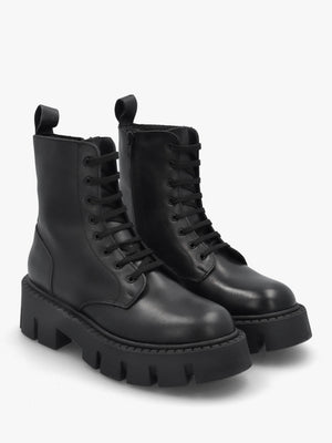 Black Leather Oversized Cleated Sole Ankle Boots