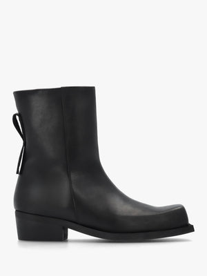 Black Leather Square Toe Stacked Heel Ankle Boots