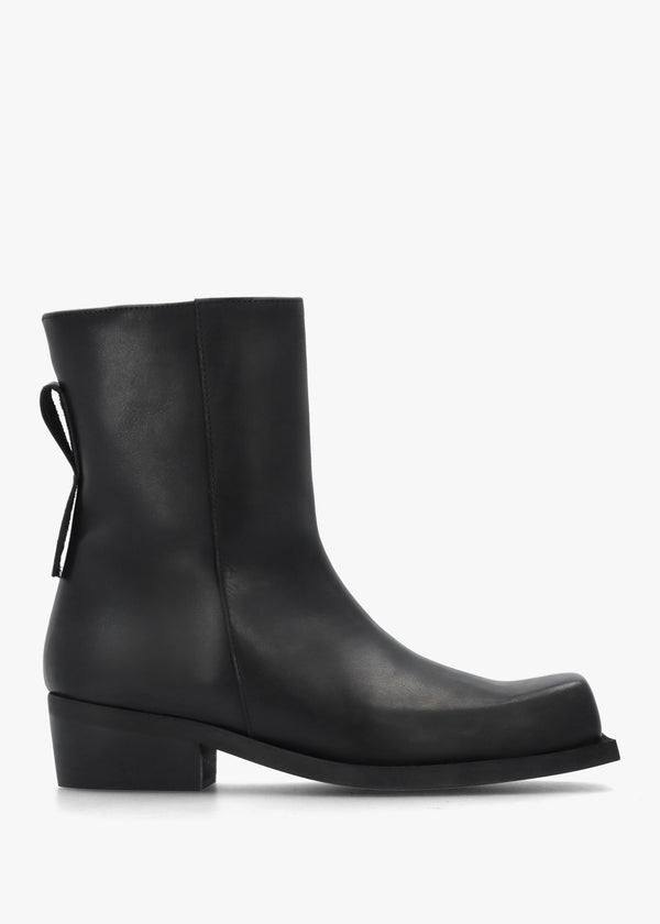 Black Leather Square Toe Stacked Heel Ankle Boots