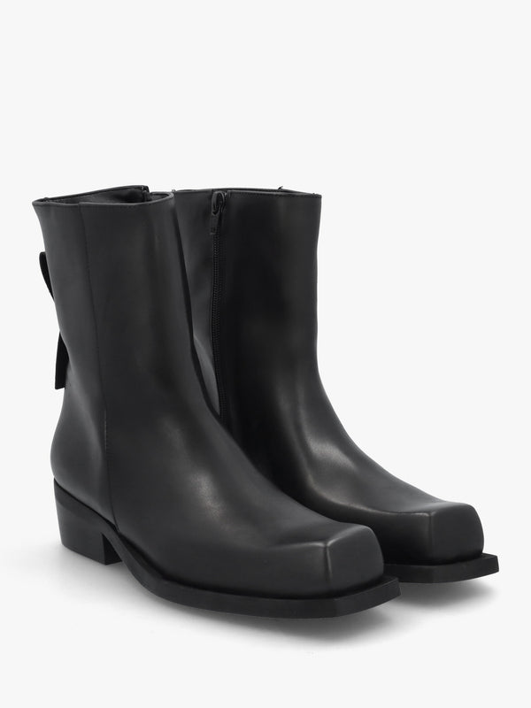 Black Leather Square Toe Stacked Heel Ankle Boots