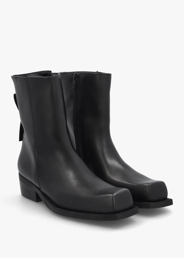 Black Leather Square Toe Stacked Heel Ankle Boots