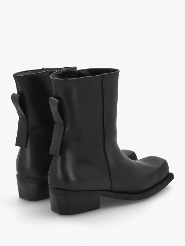 Black Leather Square Toe Stacked Heel Ankle Boots