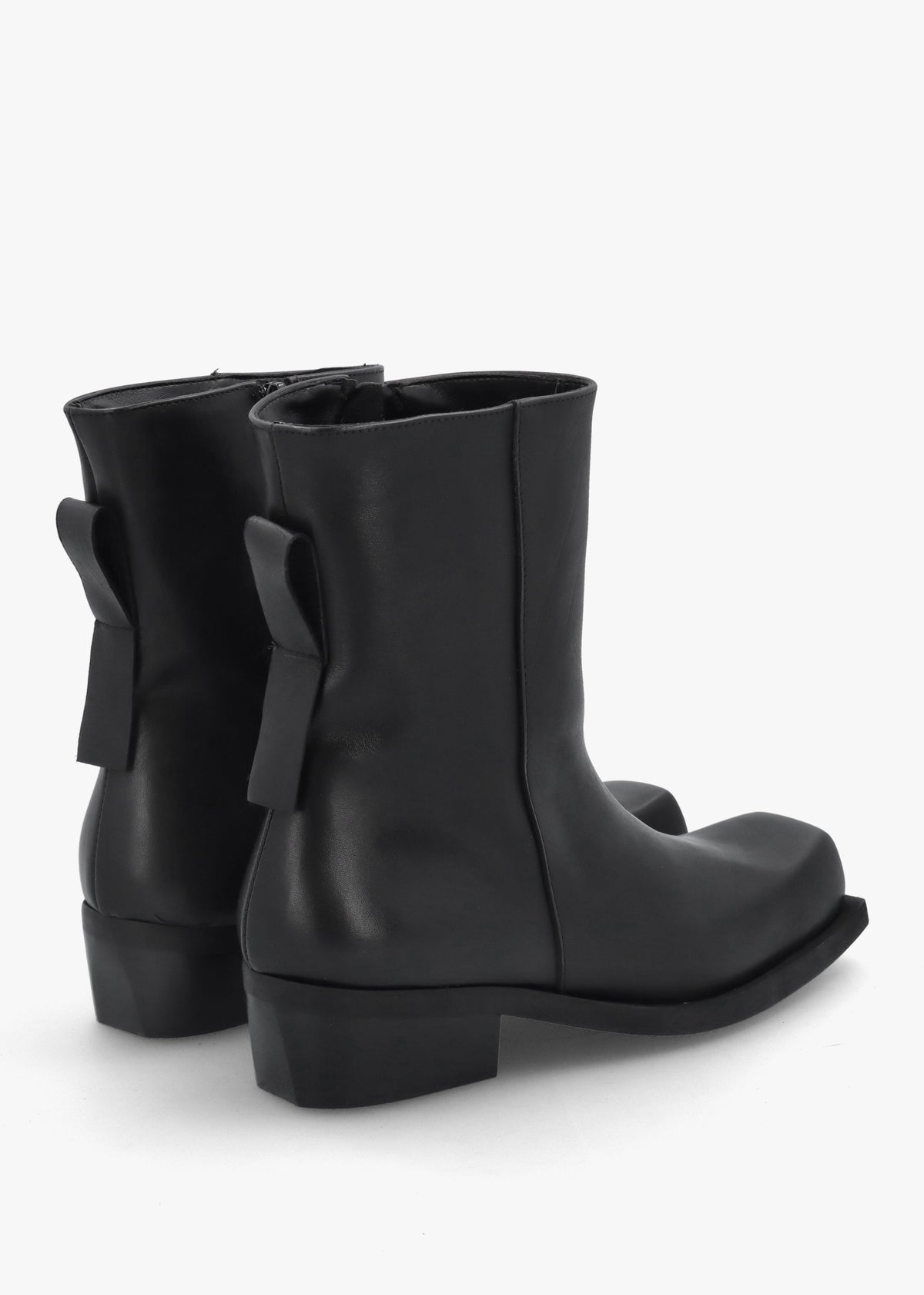 Black Leather Square Toe Stacked Heel Ankle Boots