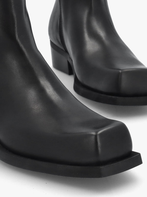 Black Leather Square Toe Stacked Heel Ankle Boots