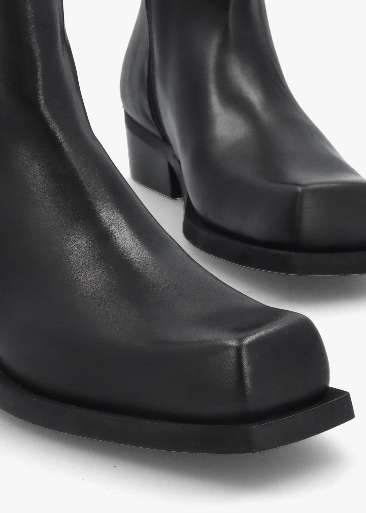 Black Leather Square Toe Stacked Heel Ankle Boots
