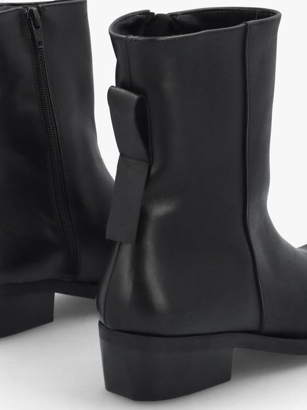 Black Leather Square Toe Stacked Heel Ankle Boots