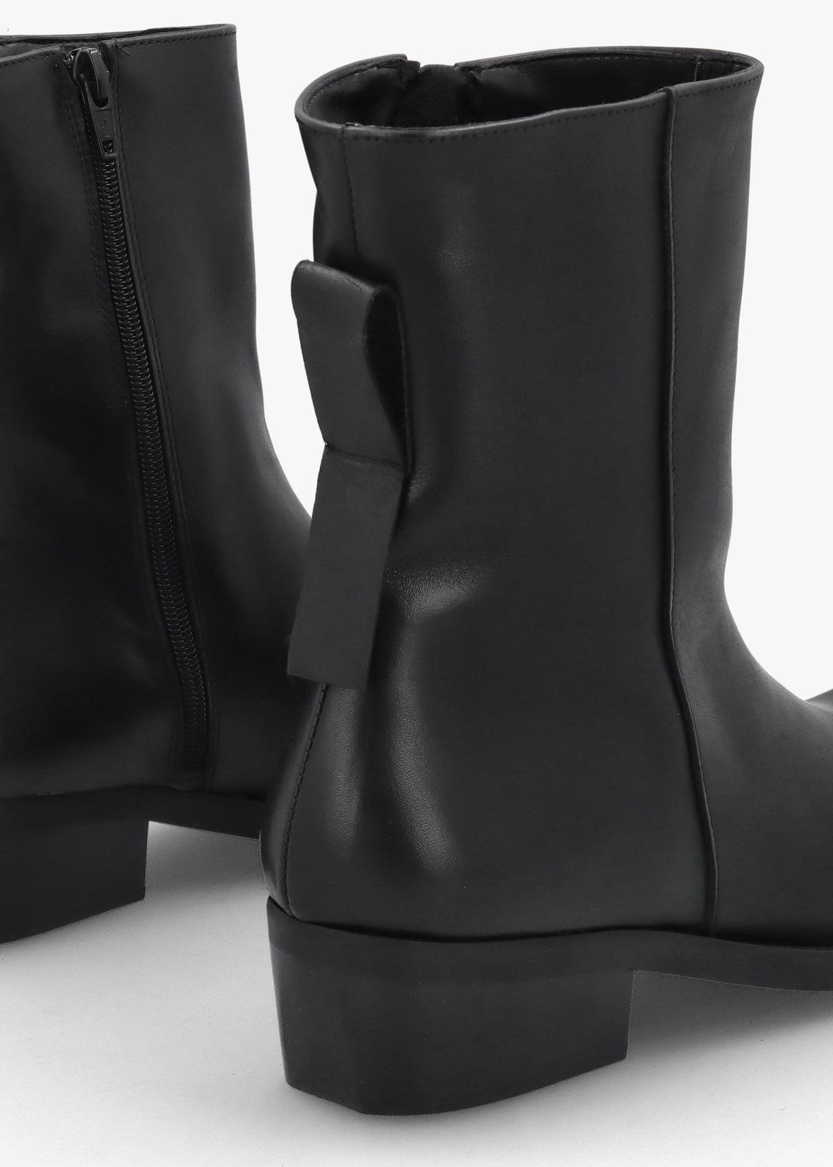 Black Leather Square Toe Stacked Heel Ankle Boots