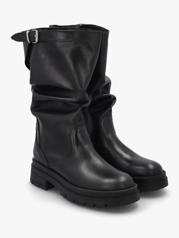 Black Leather Slouchy Calf Boots