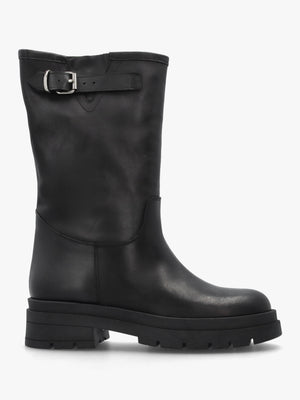 Black Leather Wide Leg Chunky Calf Boots