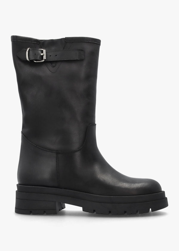 Black Leather Wide Leg Chunky Calf Boots