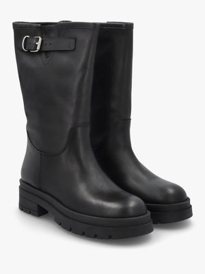 Black Leather Wide Leg Chunky Calf Boots