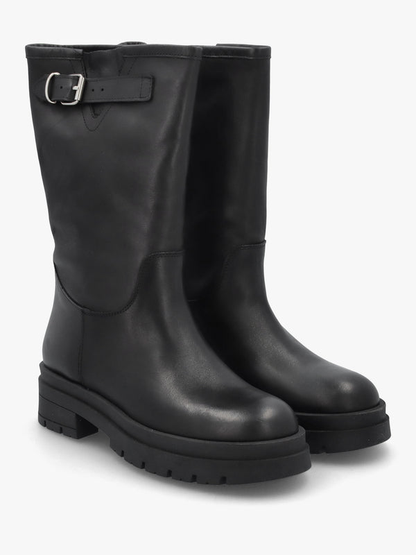 Black Leather Wide Leg Chunky Calf Boots