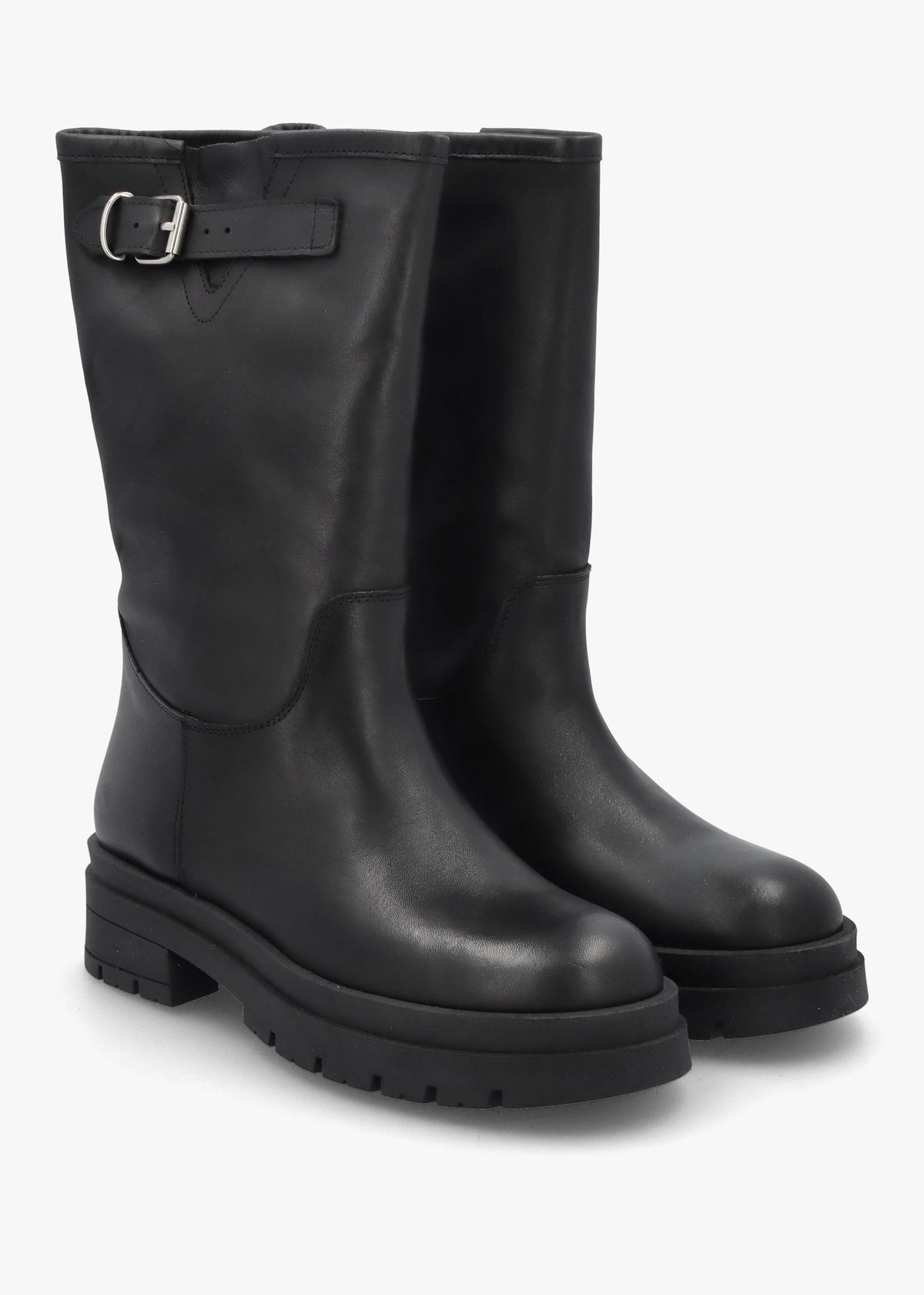 Black Leather Wide Leg Chunky Calf Boots