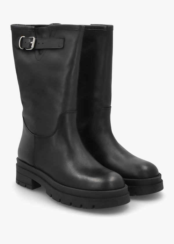 Black Leather Wide Leg Chunky Calf Boots