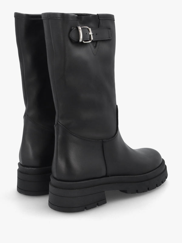 Black Leather Wide Leg Chunky Calf Boots