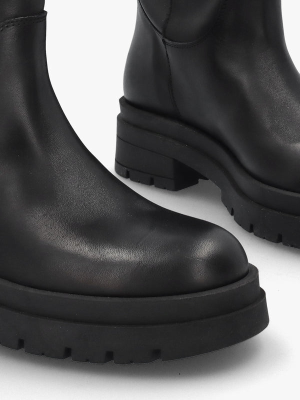 Black Leather Wide Leg Chunky Calf Boots