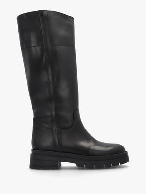 Black Leather Chunky Knee Boots