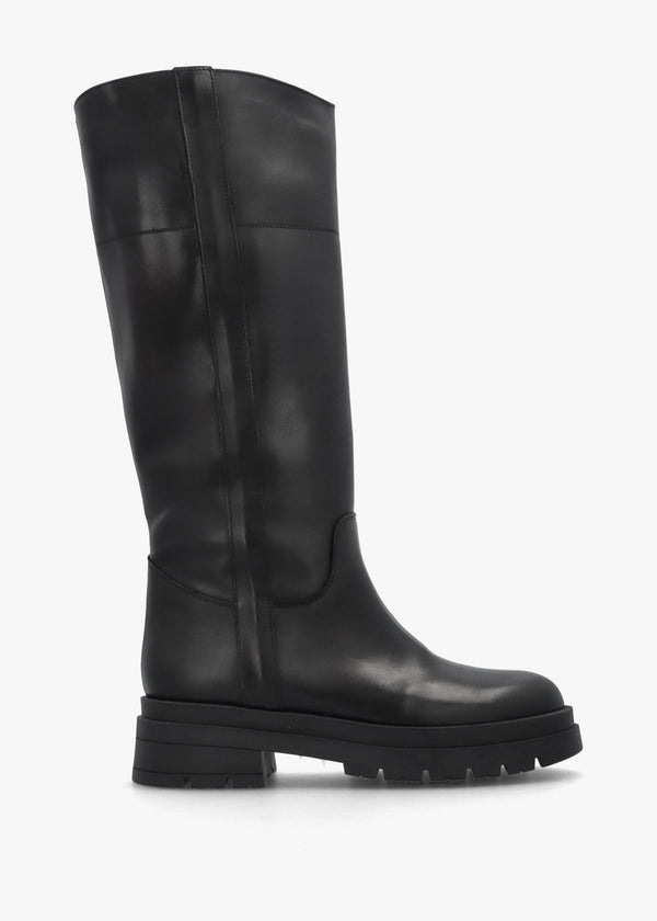 Black Leather Chunky Knee Boots