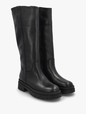 Black Leather Chunky Knee Boots