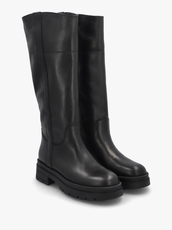 Black Leather Chunky Knee Boots