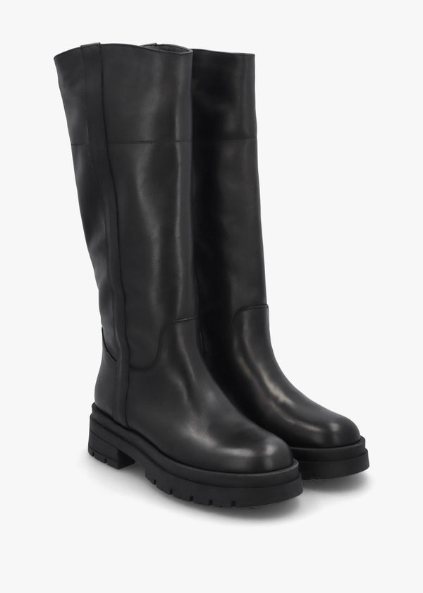 Black Leather Chunky Knee Boots