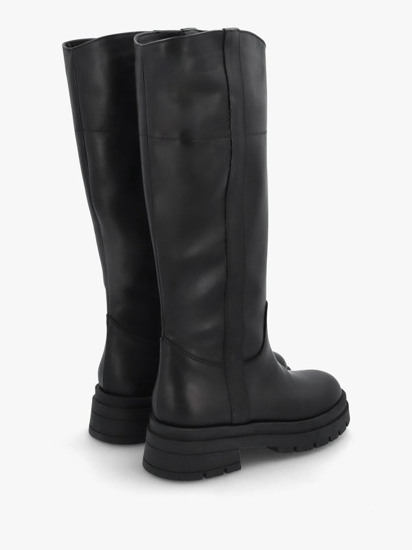 Black Leather Chunky Knee Boots