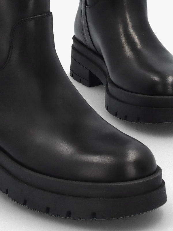 Black Leather Chunky Knee Boots