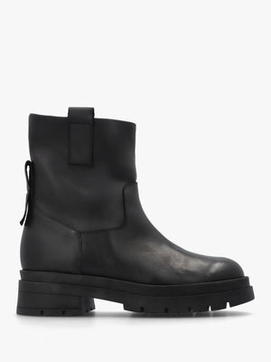Black Leather Pull On Chunky Ankle Boots