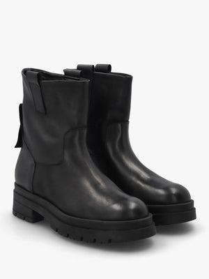 Black Leather Pull On Chunky Ankle Boots