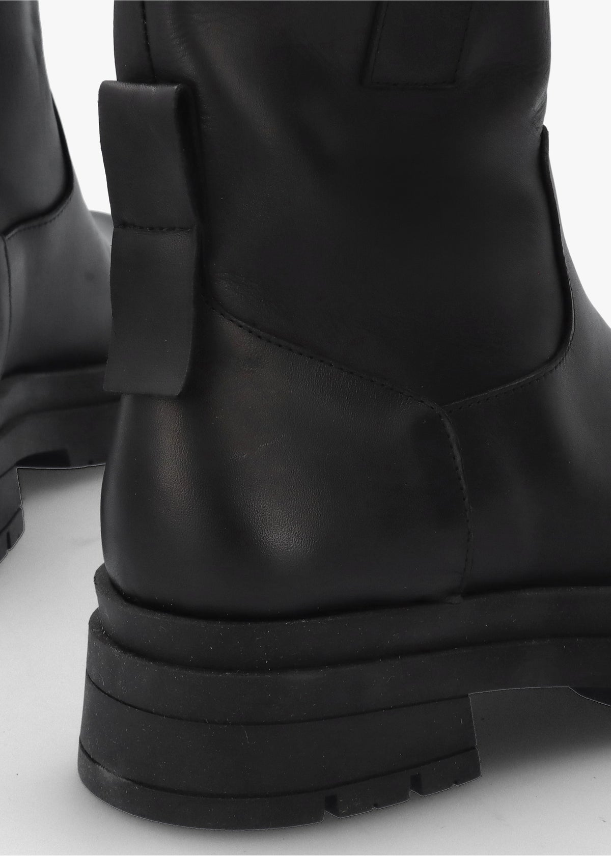 Black Leather Pull On Chunky Ankle Boots