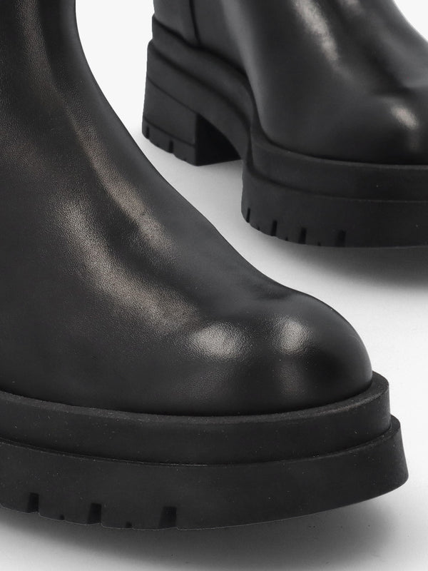 Black Leather Pull On Chunky Ankle Boots