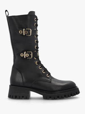 Black Leather Dual Buckle Lace Up Calf Boots