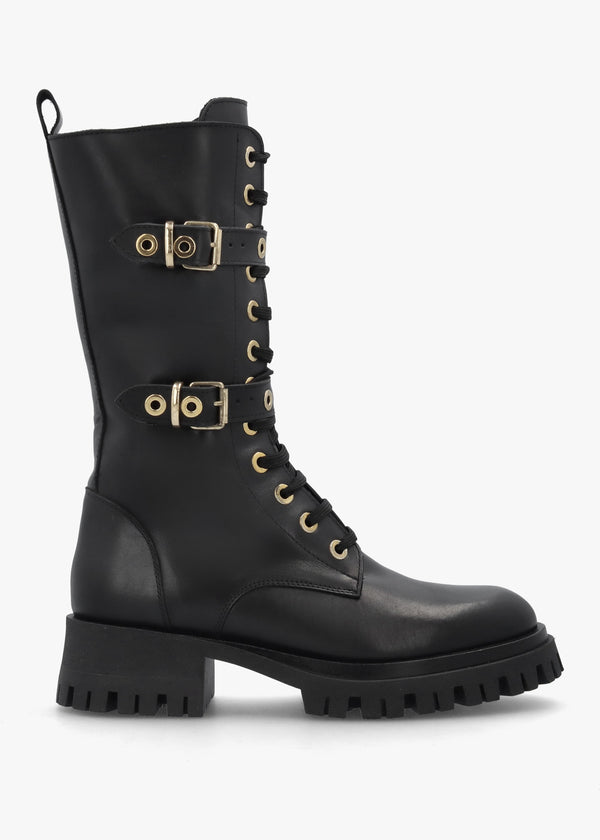 Black Leather Dual Buckle Lace Up Calf Boots