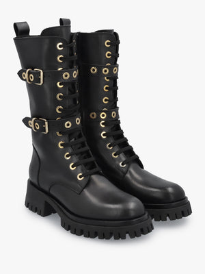 Black Leather Dual Buckle Lace Up Calf Boots