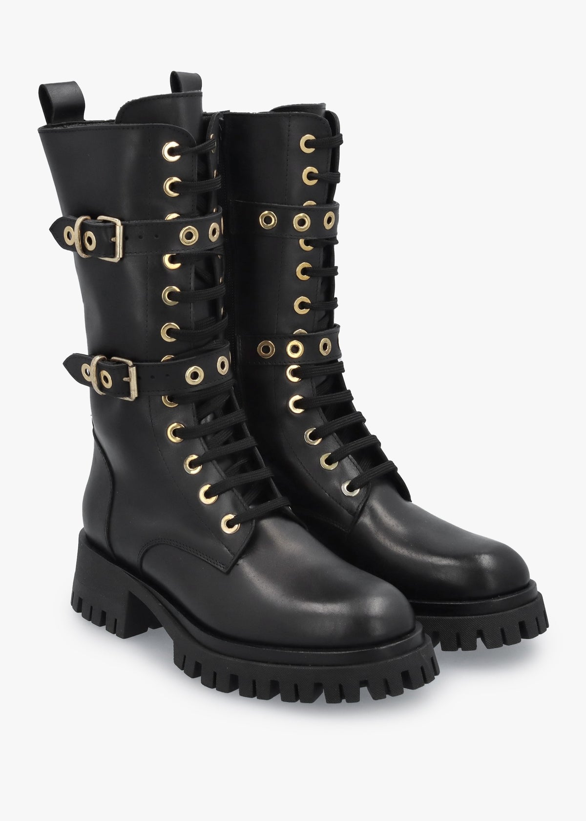 Black Leather Dual Buckle Lace Up Calf Boots