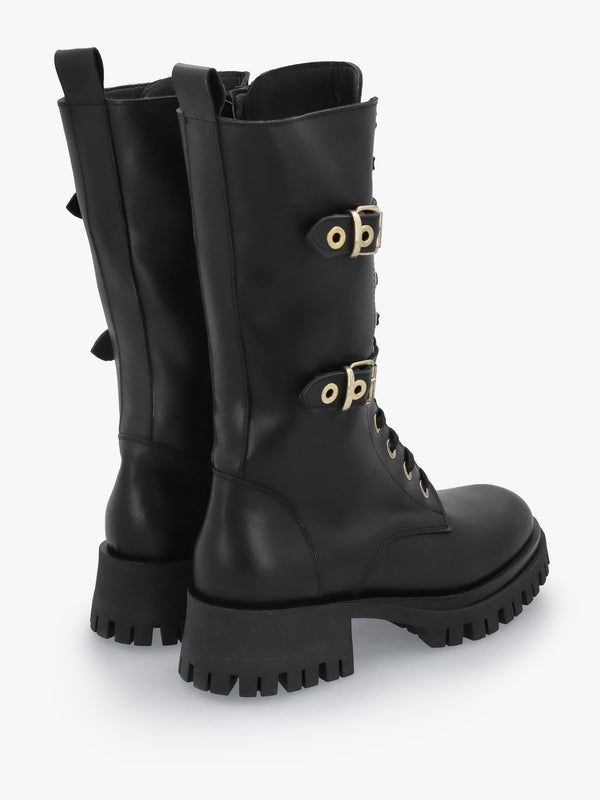 Black Leather Dual Buckle Lace Up Calf Boots