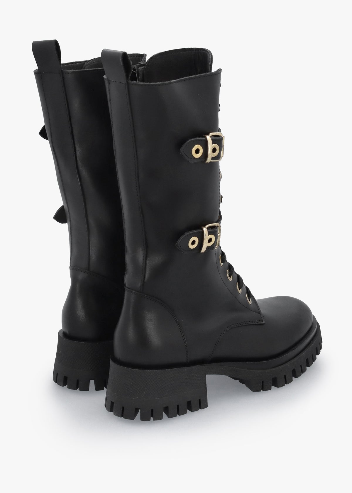 Black Leather Dual Buckle Lace Up Calf Boots