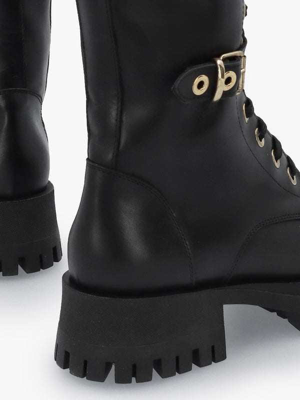 Black Leather Dual Buckle Lace Up Calf Boots