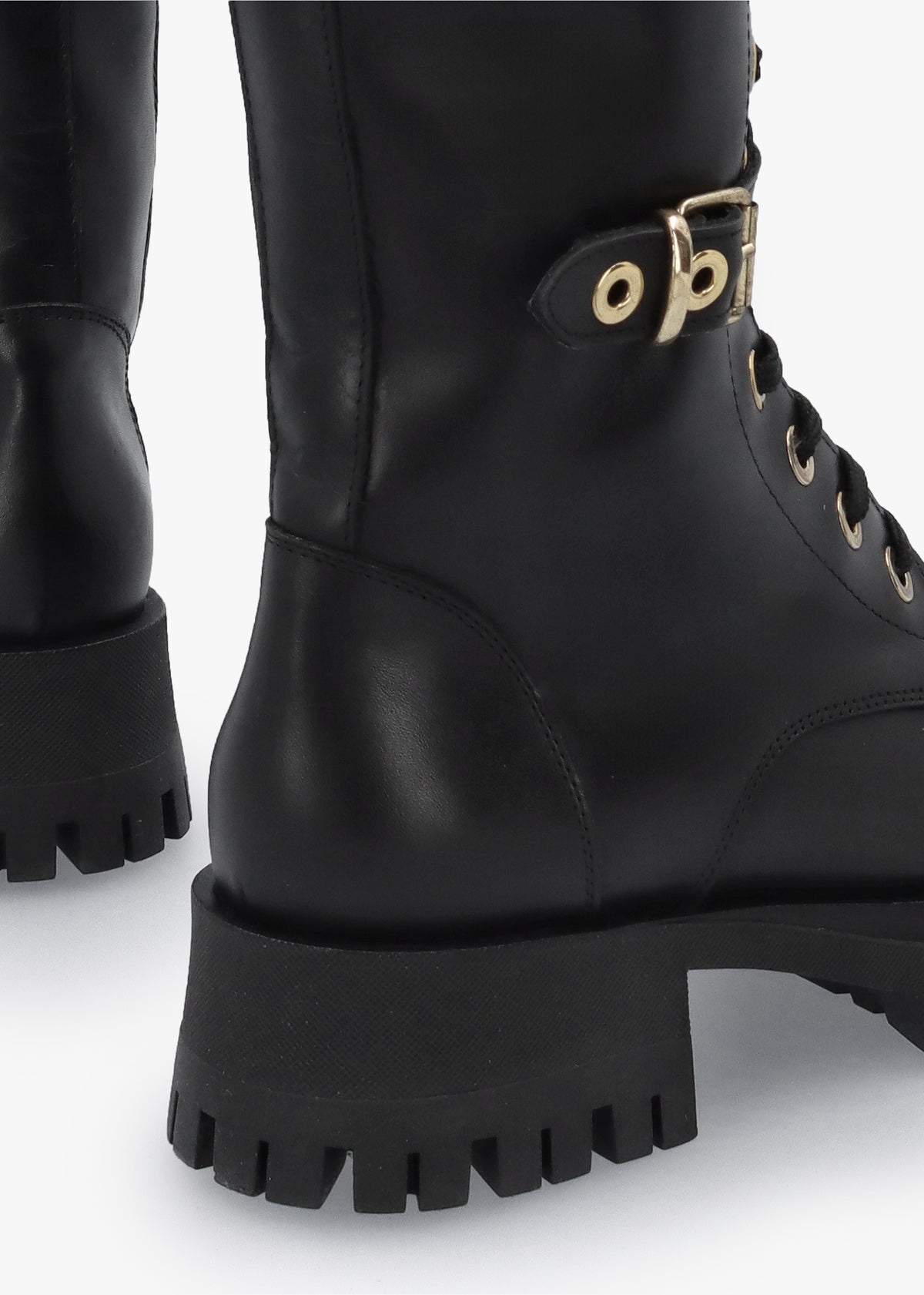 Black Leather Dual Buckle Lace Up Calf Boots